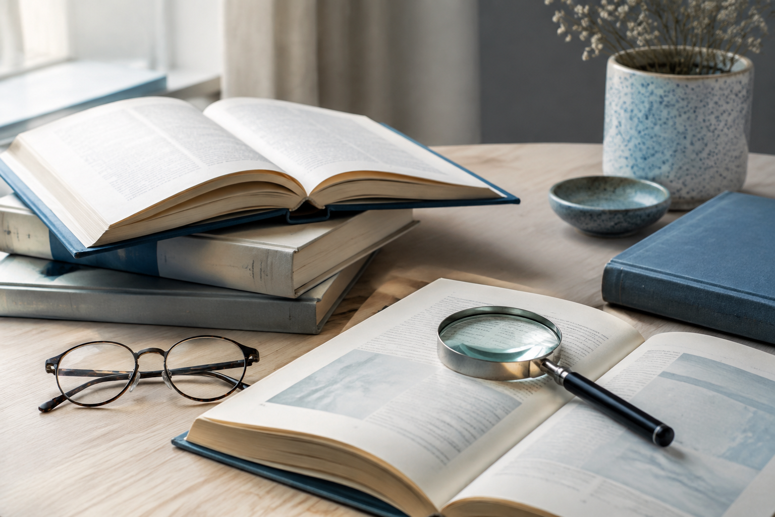 كتب وعدسة مكبرة ونظارة قراءة على مكتب
