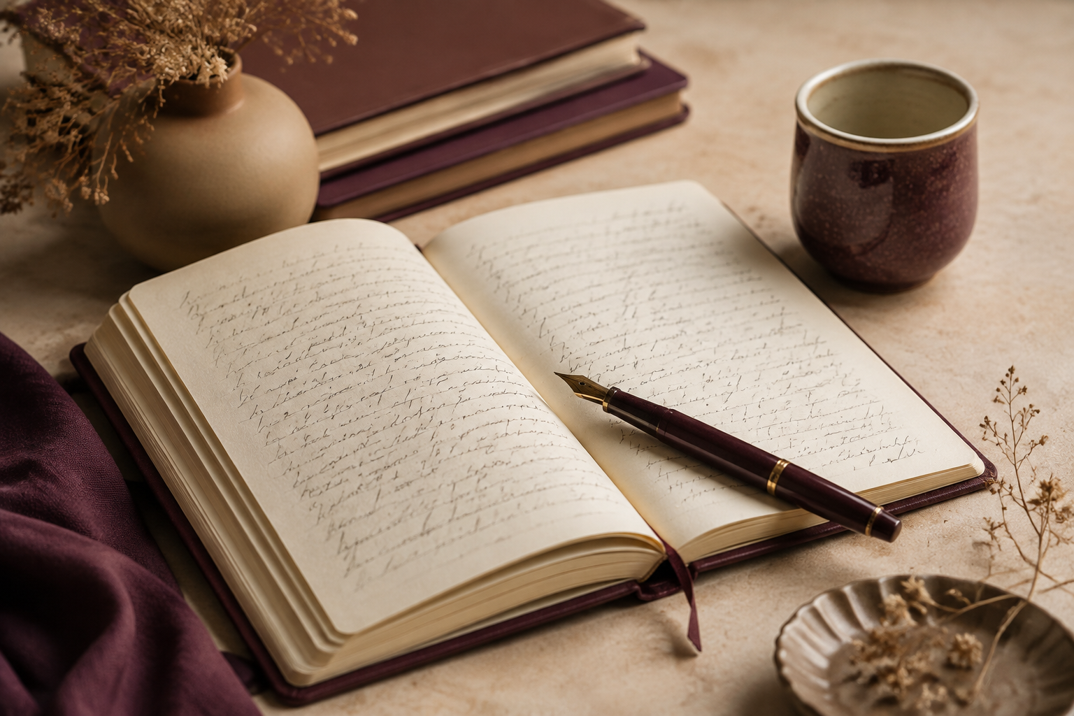دفتر ملاحظات وقلم وكوب على مكتب بألوان دافئة